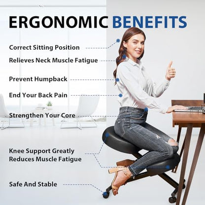 Ergonomic Kneeling Chair, Meditation Chair with Height Adjustable and Cushion for Home and Office, Posture Office Stool with an Angled Seat and Casters - size: Height-Angle Adjustable