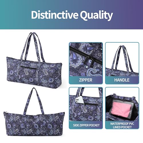 Boulder Bee | Yoga Mat Bag | Large Yoga Mat Carrier with Wet Pocket | Yoga Gifts | Gym Tote Bag for Women - color: Tote-Blue Cashew Flower