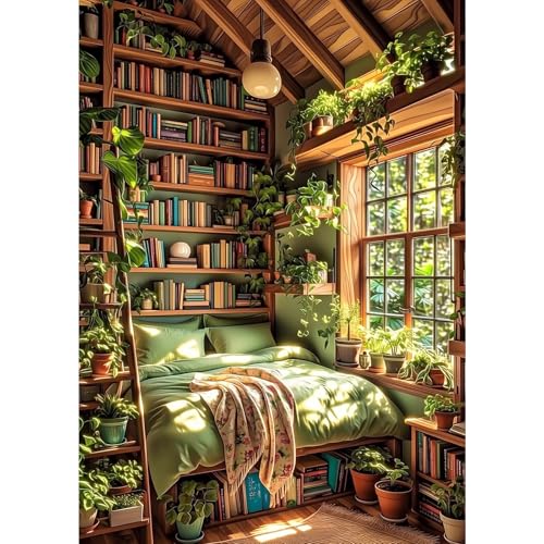 MXJSUA Wooden Bedroom Diamond Art Painting Kits for Adults, Full Drill 5D Round Dots Diamonds Paint Picture for Beginners, Gem Art Painting Craft Kits for Home Decor Gift 12x16 inch - color: Wooden Bedroom