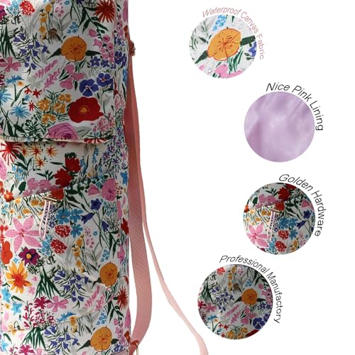 ESVAN Yoga Mat Bag with Multi Pockets Drawstring Yoga Mat Carrier Pilates Exercise Multi-Functional Storage Bag - color: Canvas Pink Flower
