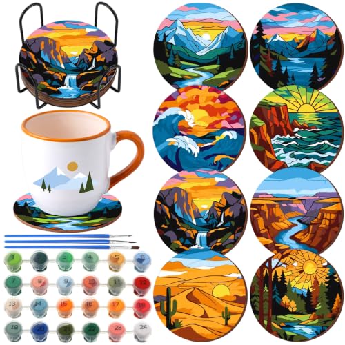 Reallnaive 8 Pcs Mountain Paint by Numbers Kit for Adults Wooden Coasters | Mini Landscape Paint by Numbers, Tiny Sunrise River Round Oil Painting Drink Coaster with Holder, for Small DIY Craft Gift - style: Mountains