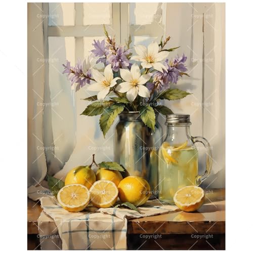 DecorFriday Still Life Paint by Numbers Kit for Adults - DIY Lemons and Flowers by Window Painting on Canvas, Acrylic Paint Set, Suitable for Beginners, Art for Home Decor or Gifts(8X12IN Framed) - color: HSX00703, size: 8X12IN Framed