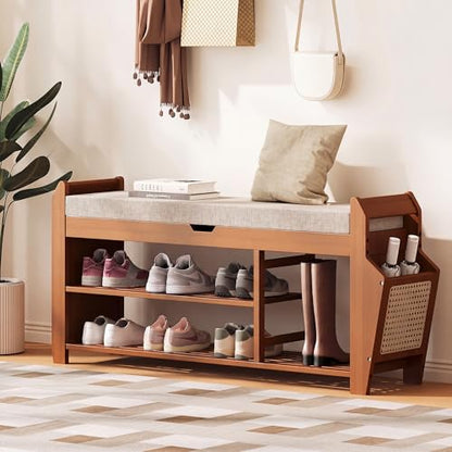 PETKABOO 39.4" Bamboo Shoe Rack Bench, 3-Tier Entryway Bench with Thick Cushion, Flip-Top & Side Storage, Holds Up to 550 LBS for Hallway, Living Room, Bedroom - color: 39.4"