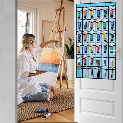 TEMUORG Hanging Acrylic Paint Tubes Organizer Over the Door Art Supplies Storage Markers 36 Pocket Holder for Pastels Crayons Brushes Tools (Blue) - color: Blue
