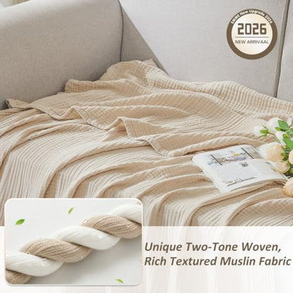 EMME Cotton Muslin Throw Blanket Couch Breathable Gauze Soft Lightweight Bed Blankets Adults (Heather Beige, 50"x60") - color: 03 - Beige, size: Throw (50" X 60")
