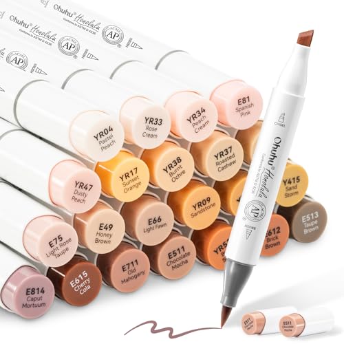 Ohuhu Alcohol Markers 24 Skin-tone Colors Brush Tip for Adults Portrait | AP Certified Refillable Art Marker, Brush& Chisel Dual Tips Alcohol-based for Artist Beginner Drawing Illustration, Honolulu - style: Chisel & Brush