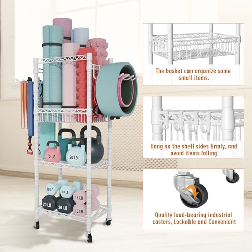 FUTASSI Home Gym Storage, 3 Tiers Workout Equipment Organizer with Wheels for Yoga Mats, Foam Roller, Dumbbells, Kettlebells, and Resistance Bands - color: White, size: Single-Row