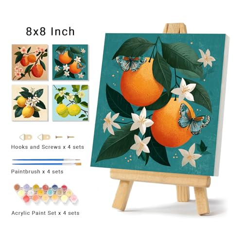 4 Pack Framed Paint By Numbers Kit for Adults Beginner Fruit Adult Paint By Number Kits on Canvas Green Plant Painting By Numbers for Adults with Frame Diy Painting Kits for Home Wall Art 8x8 Inch - color: NZT1720, size: 8x8 Inch