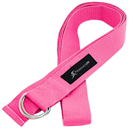 ProsourceFit Metal D-Ring Yoga Strap 8’ Durable Cotton for Stretching and Flexibility - color: Pink