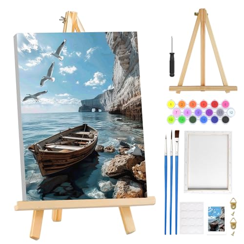 MOGTAA Paint by Numbers Kit for Adults with Frame, Lake Landscape Paint by Number Canvas, Birds Paint by Numbers with Easel, DIY Ship Oil Painting Kit for Home Wall Decor 8 x 12 Inch - color: Lake Landscape