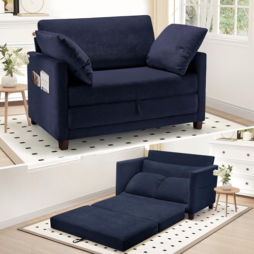 51" Convertible Sofa Bed, 2 in1 Folding Sofa Bed, Loveseat Sleeper Sofa for Small Spaces, Fold Out Floor Couch with 2 Pillows for Apartment, Living Room & Guest Room, Deep Blue Chenille Fabric - color: Blue, size: 51"
