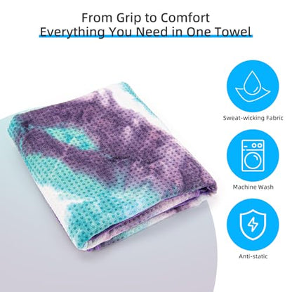 YESLIFE Non-Slip Yoga Towel, 72"x24", Purple | Microfiber yoga mat towel, grip dots, sweat absorbent, hot yoga Pilates workout, includes sweat towel, Purple - color: Green&purple