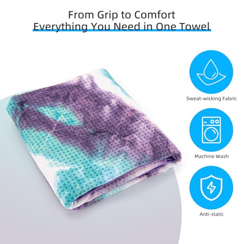 YESLIFE Non-Slip Yoga Towel, 72"x24", Purple | Microfiber yoga mat towel, grip dots, sweat absorbent, hot yoga Pilates workout, includes sweat towel, Purple - color: Green&purple