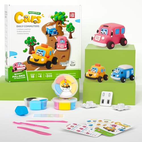 Air Dry Clay Kit for Kids - 3 Boxes Pull Back Car Making | Modeling Clay with Sculpting Tools, Base, Backing Board, Tutorial, Ultra Light & Soft, Creative DIY Arts and Crafts Toys - color: Daily Commuters