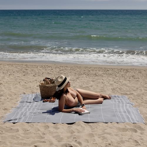 WETCAT Turkish Beach Blanket Sandproof (82"x82") 100% Turkish Cotton, Made in Turkey - Sand Free, Ultra Soft, Extra Large Throw for Picnic – Dark Gray - color: Dark Gray, size: XL Beach Blanket (82" x 82")