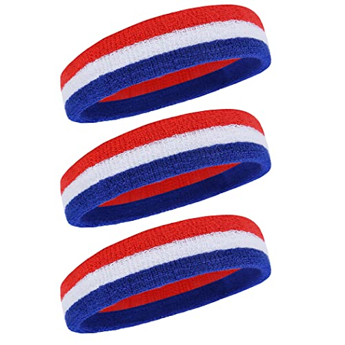 BEACE Sweatbands Sports Headband for Men & Women - Moisture Wicking Athletic Cotton Terry Cloth Sweatband for Tennis, Basketball, Running, Gym, Working Out - color: Red White Blue