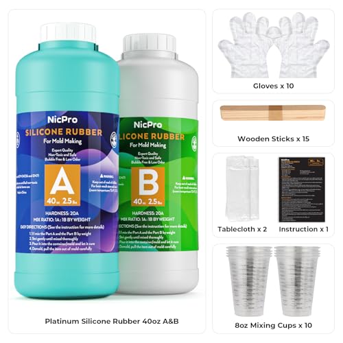Nicpro 80oz Silicone Mold Making Kit 20A, Platinum Liquid Silicones Rubber | for Mold Maker, Jade Green Flexible & Food Safe Mix Ratio 1:1 for Casting 3D Resins Molds DIY with Gloves, Sticks & Cups - size: 80oz