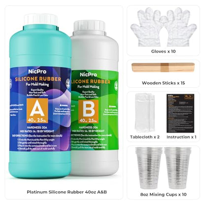 Nicpro 80oz Silicone Mold Making Kit 20A, Platinum Liquid Silicones Rubber | for Mold Maker, Jade Green Flexible & Food Safe Mix Ratio 1:1 for Casting 3D Resins Molds DIY with Gloves, Sticks & Cups - size: 80oz