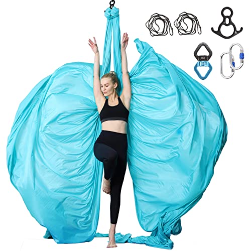 Aerial Silks Yoga Swing Set, Fitness Aerial Yoga Kit | Anti-Gravity Flight Aerial Yoga Hammock Kit; Low/Non Stretch Nylon Tricot Fabric; For Fitness & Dance; Hardware Included - color: Aqua Blue