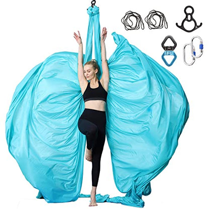 Aerial Silks Yoga Swing Set, Fitness Aerial Yoga Kit | Anti-Gravity Flight Aerial Yoga Hammock Kit; Low/Non Stretch Nylon Tricot Fabric; For Fitness & Dance; Hardware Included - color: Aqua Blue