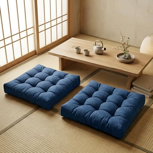 Large Square Floor Cushions Set of 2, 22 x 22 Inch with Non-Slip Bottom, Memory Foam Floor Pillow for Sitting, Meditation & Yoga, Soft Supportive Floor Seating Cushion for Adults & Kids (2, Navy Blue) - color: Navy Blue