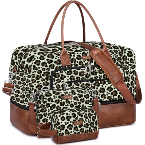 Large Women Travel Weekender Bag: Carry on Duffle with Shoe Compartment | Overnight Duffel Bags with Wet Pocket, Crossbody & Toiletry Bag, 3PCS Womens Traveling Tote Set for Hospital Gym Weekend Trip - color: Brown Leopard Print