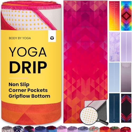 Yoga Drip: Hot Yoga Towel – Non Slip Yoga Mat Towel with Corner Pockets, Silicone Grip Dots & Subtle Alignment Lines | Sweat Absorbent, Moisture Wicking, Quick Dry | No Bunching or Sliding | 72” x 26” - color: Coral Roots