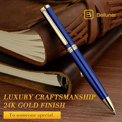 BEILUNER Blue Lacquer Gel Pen - Stunning Luxury Pen with 24K Gold Finish, ADMOK Black Refill, Executive Gift Set for Family & Friends, Writing, Fancy, Office, Retractable Pens - color: Blue and 24K Gold Finish