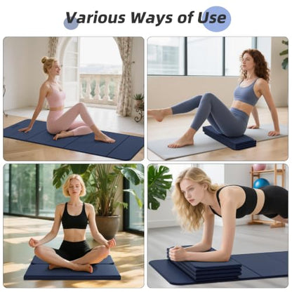 HAHE Foldable Yoga Mat 74"Lx32"Wx1/3"Thick, Folding Exercise Mats - color: Navy Blue