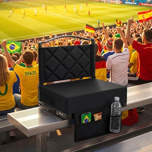 Stadium Seats with Back Support and Cushion Thick Padded Bleacher Chairs with Shoulder Strap, Portable Folding Stadium Seat Chairs for Bleachers Include Cup Holder and Side Pocket, Black - color: With Pocket-black, size: 1pcs