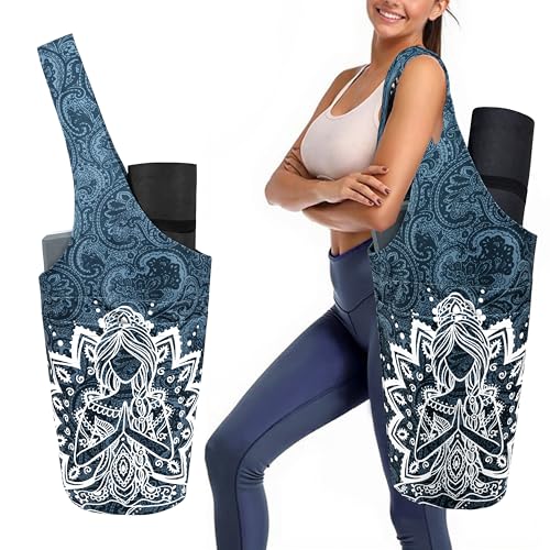 Yoga Mat Bag Carrier for Women with Side Large Pocket Durable Linen Workout Gym Travel Storage Pilates Mats - color: Mandala Meditation