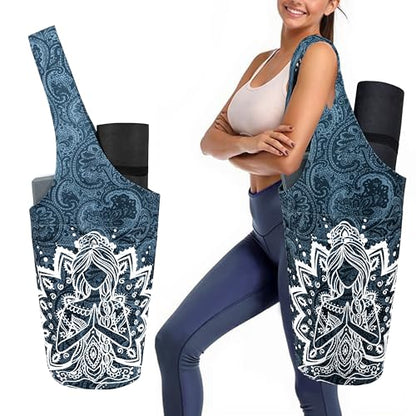 Yoga Mat Bag Carrier for Women with Side Large Pocket Durable Linen Workout Gym Travel Storage Pilates Mats - color: Mandala Meditation