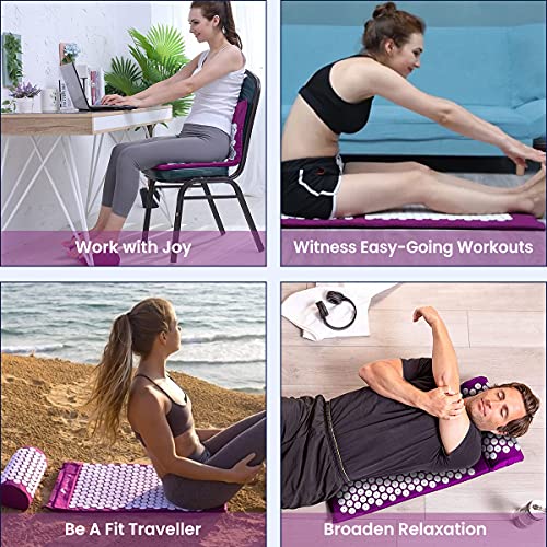 ROMIX Acupressure Mat and Pillow Set, Acupuncture Mat for Back Pain, Neck, Shoulder Pain Relief, Stress Reduction, Wellness Therapy, Cushioned Acupressure Mats with Carry Bag for Men and Women - color: Purple