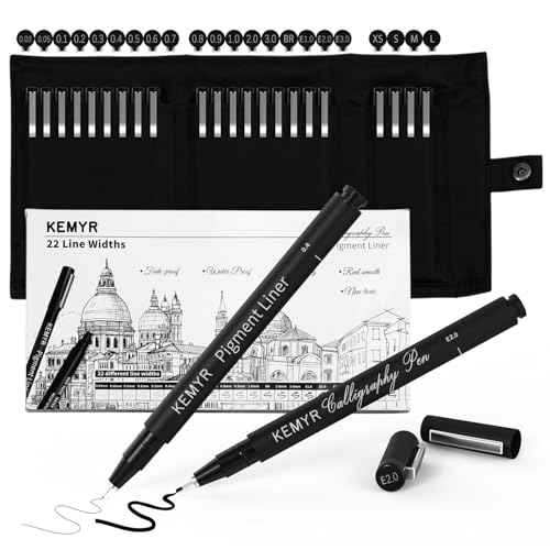 KEMYR 22 Sizes Black Fineliner Micro Drawing Pens, Waterproof Pigment Ink | Archival Ink,AP Certified,Calligraphy Pens with Case for Illustration,Journaling,Sketching,Manga,Artists And Beginners - color: Black Calligraphy&Micro Pens 22 Sizes 0.03mm-L, sty