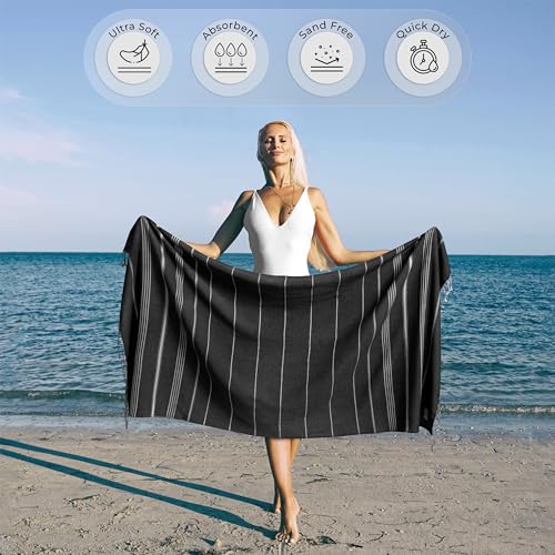 Ossano Turkish Beach Towel Absorbent & Quick Dry Oversized (39" x 71") - Decorative, Versatile and Functional as Yoga Mat, Beach Blanket, Bath, Travel, Airplane and Gym Towel - Black - color: Black
