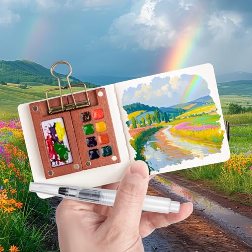 Mini Watercolor Paint Set, Portable Travel Watercolor Kit with 12 Colors, 2Pcs Wooden Palette, 2 Sketchbook & Metal Clip, 4 Brushes - Pocket Art Supplies for Artists, Adults, Beginners & Outdoor Paint - style: 12Colors & 16Grid Palette