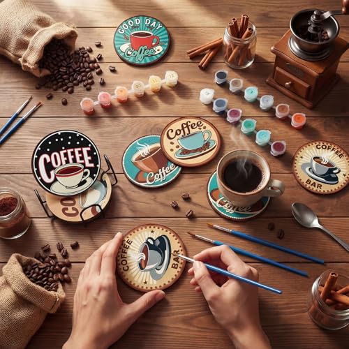 Reallnaive 8 Pcs Coffee Paint by Numbers Kit for Adults Wooden Coaster | Mini Paint by Numbers, Tiny Brown Round Oil Painting Drink Coaster with Holder, for Small DIY Craft Birthday Gift - style: Coffee