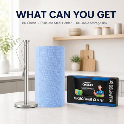 Veco Microfiber Cleaning Cloth Roll with Holder 80 PCS, 12" x 12" Blue | Tear Away Reusable Towels, Lint-Free & Streak-Free Cleaning Cloths, Paper Towel Alternative for Kitchen, Home & Car - color: Blue-st