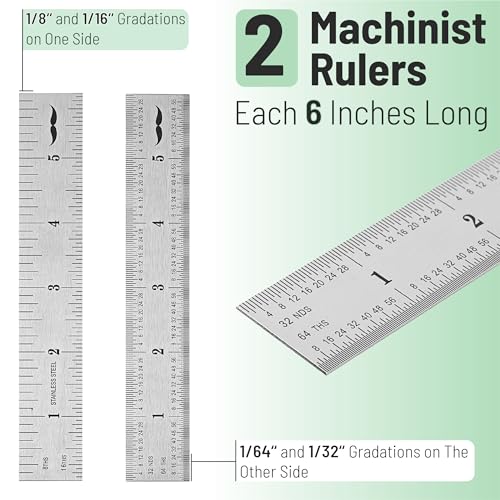 Mr. Pen- Machinist Ruler, 6 Inch, 2 Pack, Stainless Steel Imperial | Precision Measuring Tool, 1/8", 1/16", 1/32", 1/64" Graduation for Engineering, Carpentry, Drafting, Office, School - style: 6 inch, 2 Pack 1/8-1/64 Graduation