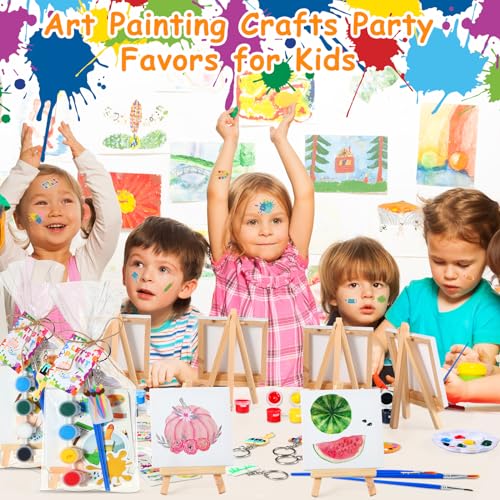 HyDren 24 Sets Kids Art Paint Party Favors 4x4 Canvas Easel Acrylic Paint | Back to School Paint Palette Brush Sticker Puffy Sticker Keychains for Adults Summer Vbs Party Supplies