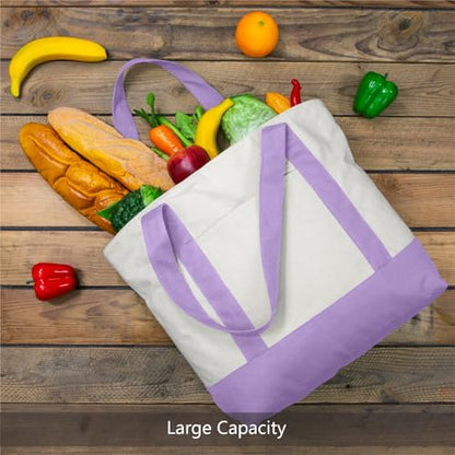TOPDesign 1-Pack Canvas Tote Bag with an External Pocket, Reusable Grocery Shopping Bag, Top Zipper Closure, Daily Essentials (Lavender/Natural) - color: Lavender/Natural