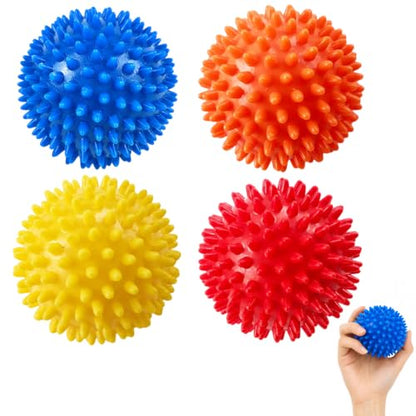 4 pcs Spiky Massage Ball, Professional Muscle Recovery Tool, Plantar Fasciitis Relief and Acupressure Massage, Soft Spiked Roller for Feet Back Hands, Set of Four Spiky Balls（Random Color