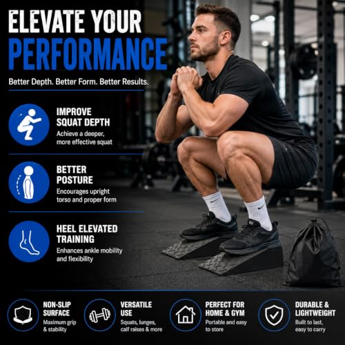 2 Pack Squat Wedge Block Set for Squats, Heel Elevated Squat Wedge for Improved Depth & Mobility, Non-Slip Workout Wedges for Weightlifting, Calf Stretching, Ankle Mobility & Home Gym Training