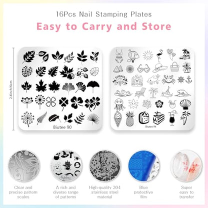 Biutee Nail Stamp Plates 16PCS Nail Stamping Kit 8 Nail Stamping Gel Polish | 1 Nail Art Stamper Scraper & Storage Bag, Nail Stamp Kit Flower Butterfly Animal Design for Beginners & Nail Lovers - color: 27pcs set