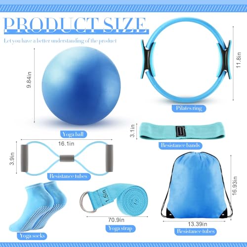 Poen Pilates Equipment Kit for Home Workout Pilates Ring and Ball Set for Women 12'' Circle Yoga Fitness Essentials Kit with Resistance Bands, Yoga Strap, Socks,Bag - color: Blue, Gray