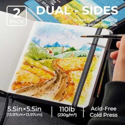 Funto Watercolor Journal, Square, 5.5x5.5, Portable 2-Pack, 48 Pages Each, Gray&Blue Cover, 110lb/230gsm, Art Supplies for Mixed Media - color: Gray&Blue