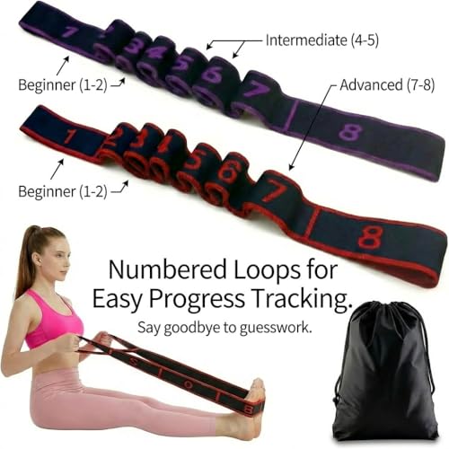2Pcs Fitness Resistance Band for Stretching and Yoga, Numbered Resistance Band with Loops & Waterproof Portable Bag, 8 Segment Elastic Strap for Pilates, Dance & Physical Therapy