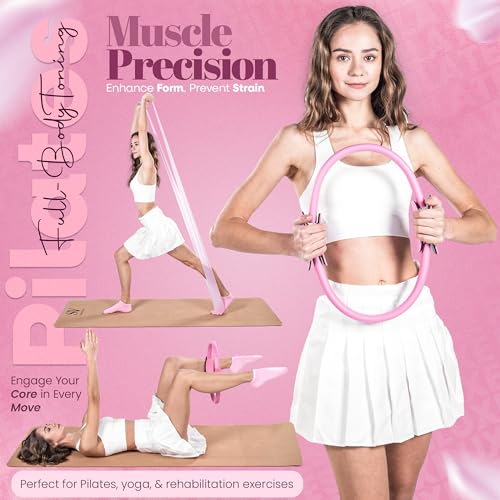 14-Piece Pink Pilates Kit for Women - Ring, Ball, Bands & Blocks | Magic circle, 9.8" ball, 5 bands, sliders, yoga blocks, ankle weights, grip socks, pump, carry bag — pilates home kit
