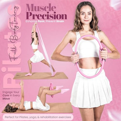 14-Piece Pink Pilates Kit for Women - Ring, Ball, Bands & Blocks | Magic circle, 9.8" ball, 5 bands, sliders, yoga blocks, ankle weights, grip socks, pump, carry bag — pilates home kit