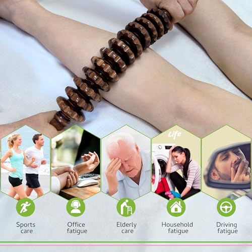Wood Therapy Massage Roller Stick for Muscle Relief & Cellulite Reduction - color: Brown Curved-12 Rollers